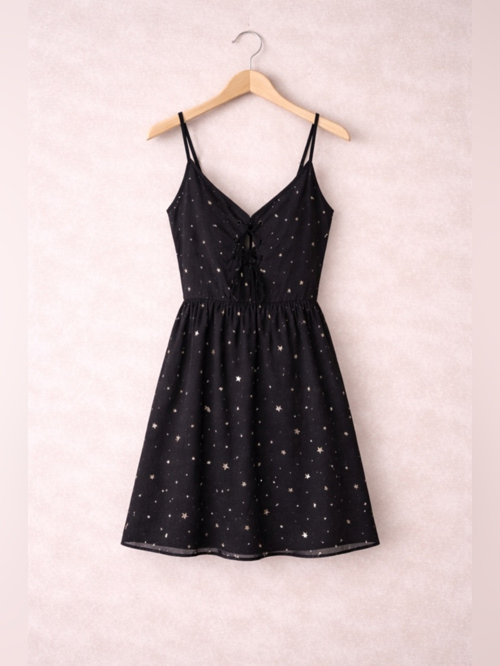 Hollister Star Print Mini Dress Small Tie Back Strappy Black Y2K Summer